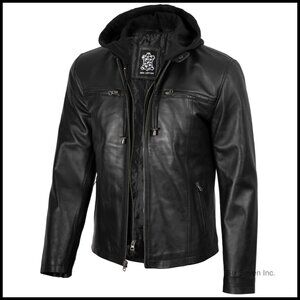 Detachable Hooded Leather Jacket Men - Real Lambskin